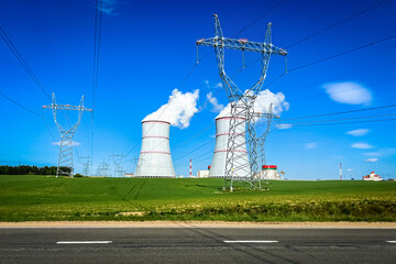 Nuclear power plant, cooling towers and power lines in Ostrovets, Grodno region, Belarus.