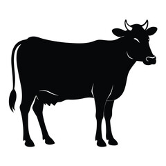Fototapeta premium A striking black and white silhouette illustration of a domestic cow standing gracefully on a solid white background.