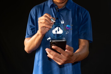 Man showing virtual computer cloud icon diagram icon online on mobile phone on virtual screen