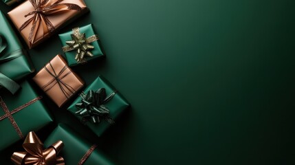 A stunning arrangement of elegantly wrapped gifts on a rich green background, symbolizing joy, celebration, and the anticipation of special moments shared with loved ones.