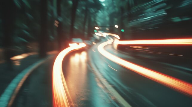 This artistic blur captures the essence of a rainy urban night, showcasing light streaks on wet roads, evoking feelings of movement and the dynamic nature of city life in the rain.