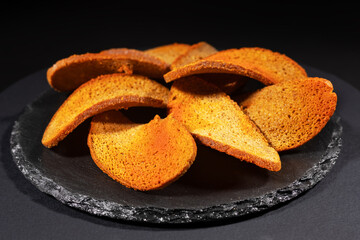 Rye Croutons, Homemade Brown Bread Rusks, Crispy Bread Cubes Scattered Pile,