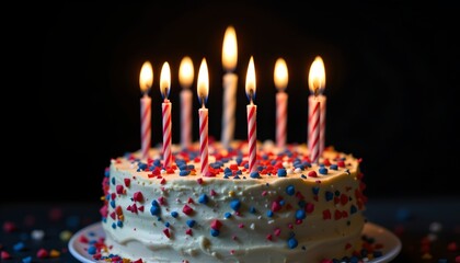 a glowing independence day cake with red, white, and blue candles in a dark background