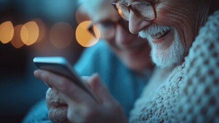 An emotional moment shared between two elderly individuals as they smile and interact with a smartphone, highlighting connections, love, and technology in the digital age.