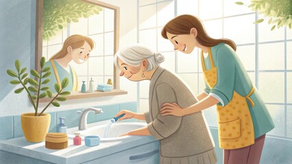 Fototapeta premium A young woman helps an elderly woman wash her hands at a sink in a bright, cozy bathroom filled with sunlight and plants.