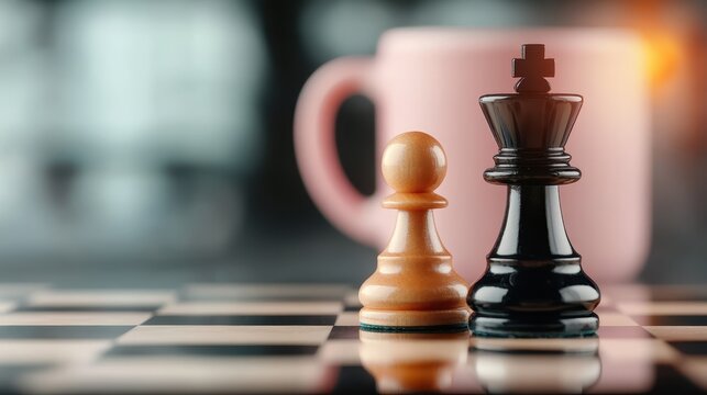 A close-up view of a classic chess board featuring a pawn and king piece, representing the intellectual challenge of strategy and conflict, combined with elegance and timeless game aesthetics.
