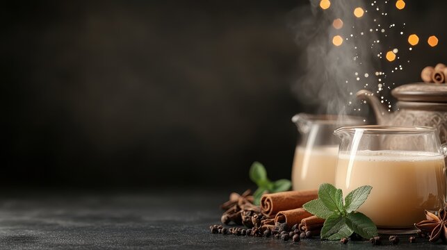 Elegant glass teapots filled with steaming spiced beverages showcase aromatic ingredients, creating a warm, inviting scene that stimulates the senses and encourages relaxation.