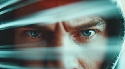 A close-up portrait focusing on a pair of striking, intense blue eyes peering through thin, opaque transparent lines, evoking mystery and tension.