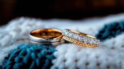 Two beautifully crafted wedding rings showcase their intricate designs resting atop a cozy crochet fabric, symbolizing love, unity, and commitment.