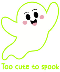 Adorable ghost PNG with funny Halloween phrase “Too cute to spook.” Great for kids design, apparel, party decor, greeting cards and digital stickers.
