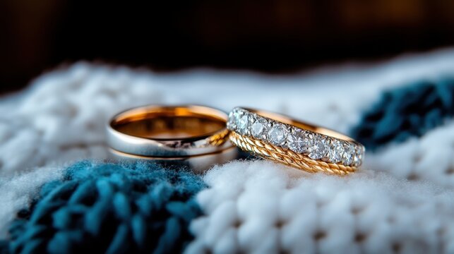 Two beautifully crafted wedding rings showcase their intricate designs resting atop a cozy crochet fabric, symbolizing love, unity, and commitment.