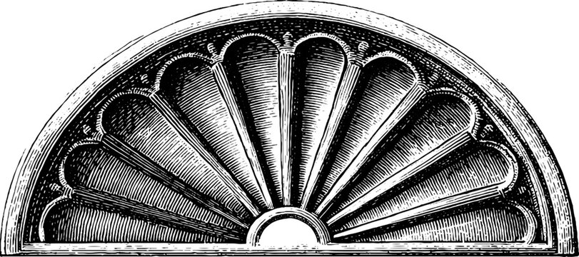 Engraved illustration of elegant ogival window design for architectural print
