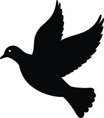 Obraz premium Black silhouette of a flying dove bird representing peace and freedom on a transparent background.