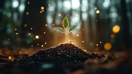 A new plant sprouts from rich soil, illuminated by soft sunlight filtering through trees, representing growth, renewal, and the beauty of nature's cycles.