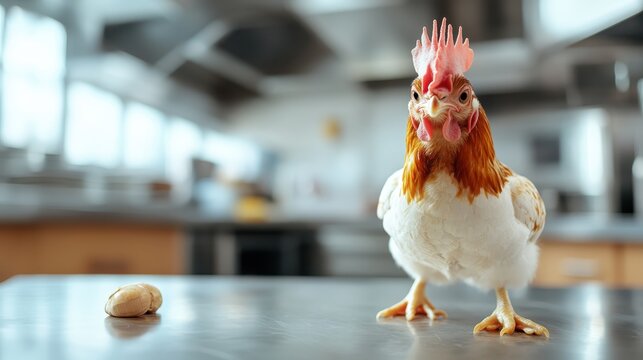 A striking chicken stands confidently in a sunlit kitchen, highlighting a unique blend of domestic life and culinary settings that captivates the viewer's attention.