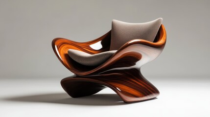 A stunning modern wooden chair features a wavy design that combines style and comfort, representing contemporary furniture design with an artistic flair.