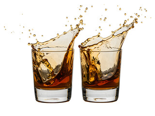 Two tequila shot glasses clinking together in a celebratory toast with dynamic liquid splashes captured mid-air, isolated on a transparent background, perfect for party, celebration, and alcohol-theme