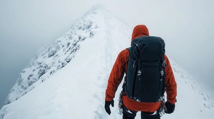 An intrepid climber wearing a bright orange jacket, standing on a snow-covered peak while gazing into the distance, representing the spirit of adventure and the challenge of nature.