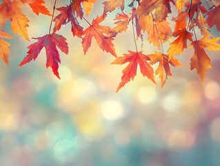 Fototapeta premium Maple Leaves Bokeh Blur Background, Emotional Fall Landscape with Maple Foliage, Soft Focus Autumn Scene, Warm Toned Bokeh Fall Backdrop, Blurred Maple Leaf Background