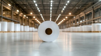 A solitary roll of white paper placed on the floor of an industrial warehouse, illustrating the manufacturing process and the ambiance of a large, organized workspace.