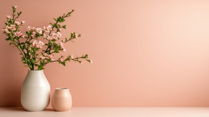 A beautiful arrangement of pink flowers in two vases against a soft peach background, representing serenity and elegance in a modern décor style with minimalistic appeal.