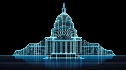 Digital Wireframe Model of a Historic Capitol Building in Blue on Black Background