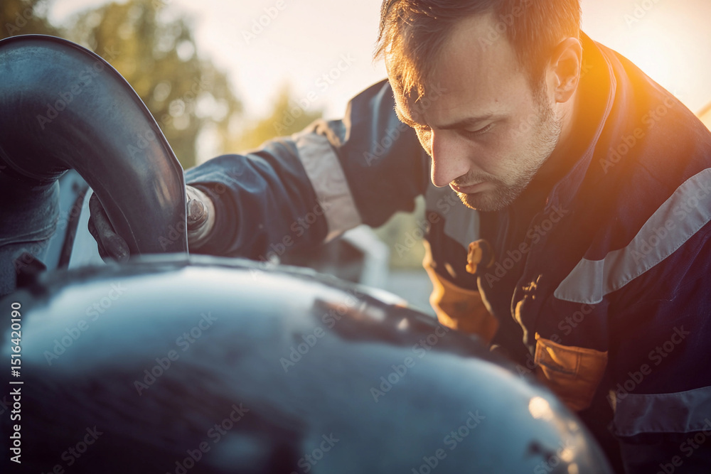 Aufkleber skilled technician inspecting engine at sunset generative ai