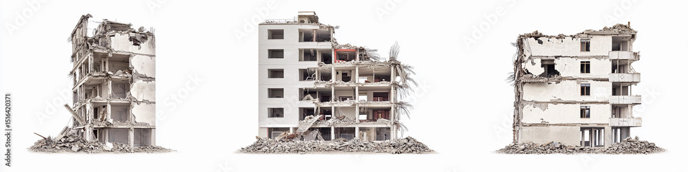 Poster demolished residential building showcasing structural damage generative ai