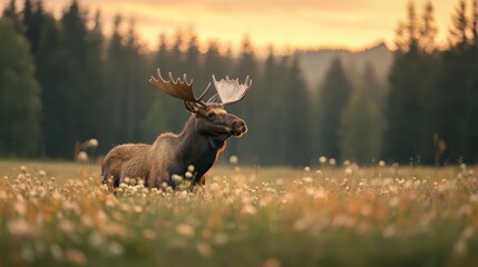 A moose stands proudly in a sunlit meadow surrounded by wildflowers, showcasing the beauty of wildlife in its natural habitat during golden hour.