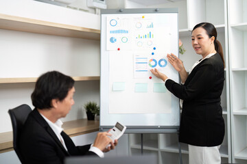 Data Analysis and Business Strategy. Professional woman presenting financial data on a whiteboard.