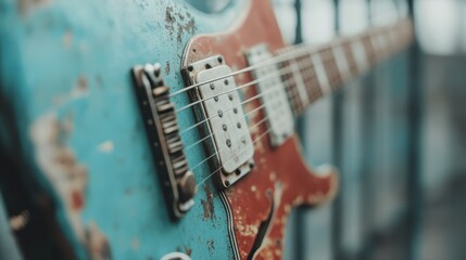 An artistic close-up of a vintage guitar, showcasing its weathered charm and rich textures, conveying a sense of nostalgia and the emotive power of music.