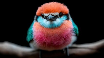 A beautifully colored bird perches confidently on a branch against a dark background, showcasing the vibrant hues and intricate details of its feathers.