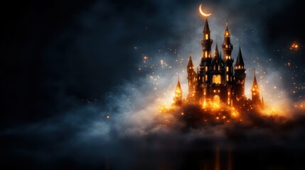 This mesmerizing image features a magical castle engulfed in smoky ambiance, illuminated by glowing elements and stars, creating an enchanting atmosphere that sparks the imagination.