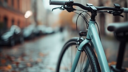 This stylish image displays a sleek modern bicycle parked on a cobblestone street, blending contemporary design with an urban environment, inviting urban exploration and eco-friendly living.