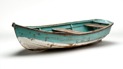 A close-up image of a weathered vintage boat with peeling turquoise paint and wooden benches, reflecting a rustic charm and nostalgia for maritime adventures and storytelling.