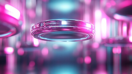 An abstract glowing ring floats against a backdrop of vibrant pink and blue hues, symbolizing modern technology and artistic innovation with a futuristic touch.