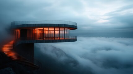 A stunning, contemporary home elegantly perches above the clouds, capturing a sense of mystery and tranquility amid ethereal surroundings and dreamlike views.