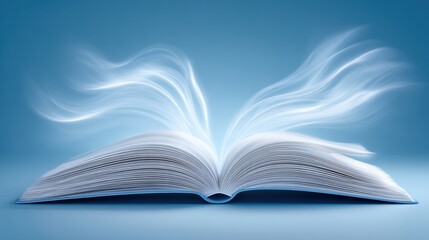 Open Book with Magical Light and Smoke Effects on Blue Background