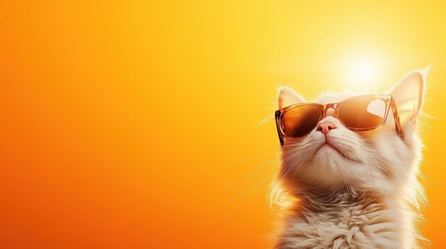 This fun and whimsical image features a cool cat wearing sunglasses, exuding confidence and style against a vibrant sunset backdrop, embodying leisure and chic aesthetics.