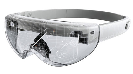 Modern augmented reality headset is projecting a shoe fit grid and size arrow, showcasing the potential of ar technology in retail and virtual try on experiences, on transparent background