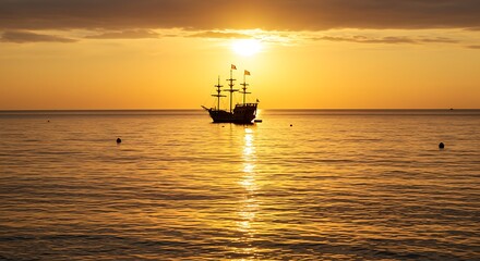 Silhouette of a Pirate Ship at Golden Sunset Ocean