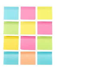 Fototapeta premium A vibrant 3D rendered image of shaded wooden pegs holding colorful sticky post-it notes with crisp shadows, isolated on a transparent background, perfect for office, organization, and creative station