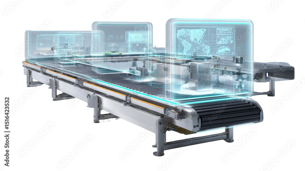 Poster holographic projections displaying data and world map are monitoring a conveyor belt in a smart fact