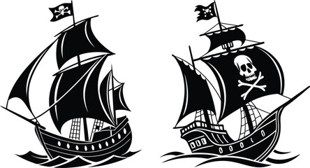Ghostly Pirate Vector Art  Black Ship with Flaming Skulls  silhouette illustration
