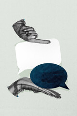 Collage of hands person people using speech bubbles representing chatting online messaging social media communication