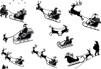 Silhouette santa clause and reindeer sleigh for christmas decoration clip art