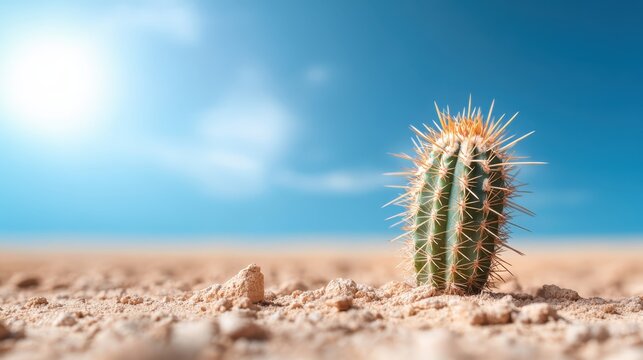 A striking cactus stands alone in a dry desert landscape, perfectly capturing the resilience and beauty of arid environments under a bright blue sky.