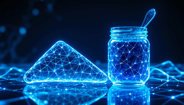 Glowing digital illustration presents a network triangle and a jar of blue data on a dark background.