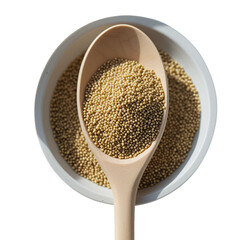 Amaranth seeds in wooden spoon and bowl isolated on transparent background