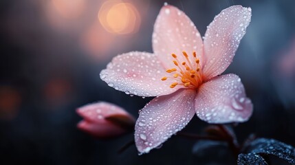 A close-up of a beautiful pink flower adorned with glistening water droplets, showcasing the intricate petals and natural beauty in a serene environment. Perfectly captures nature's elegance.